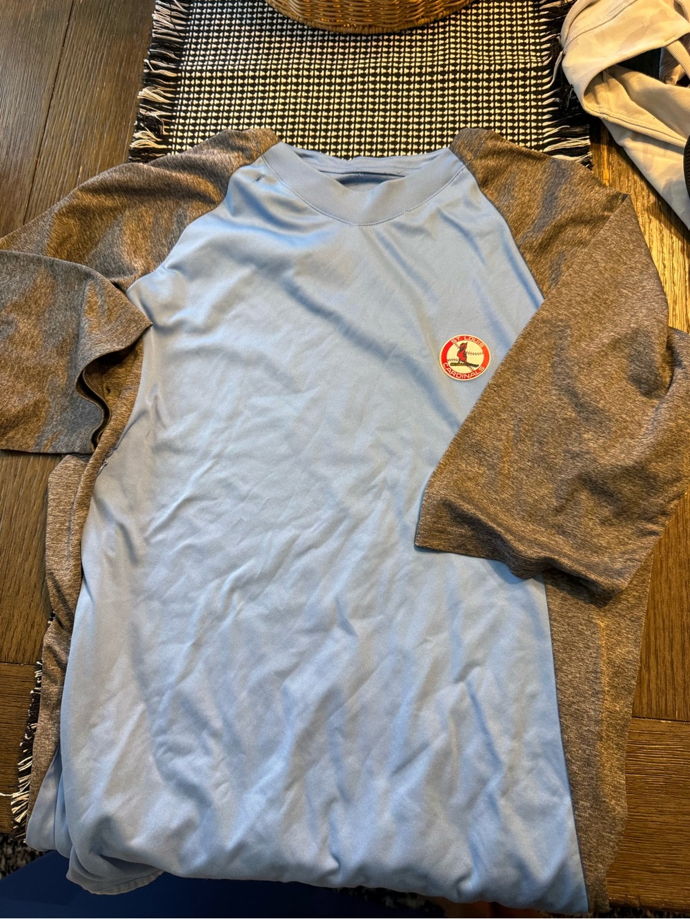 Majestic Light Blue and Gray Raglan Baseball Tee
